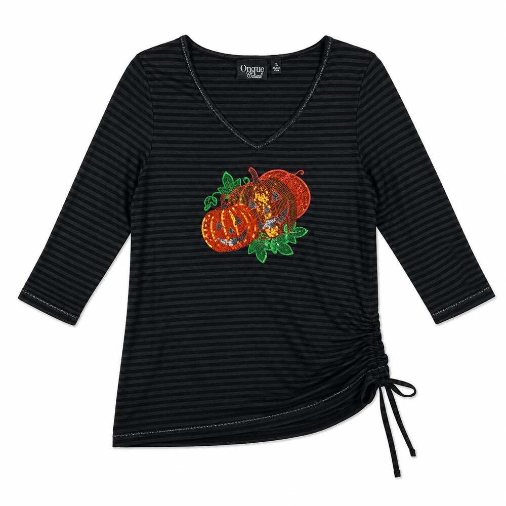 Y2K Onque Casual Women's Striped 3/4 Sleeve Top with Sequin Pumpkin Embellishmen